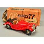 A BOXED VICTORY INDUSTRIES BATTERY POWERED M.G. TF, not tested, red plastic body, missing