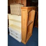 A PAINTED OPEN BOOKCASE, together with another bookcase, low chest of two drawers, pine single