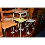 FOUR VARIOUS INDUSTRIAL STOOLS, a child's school chair, two folding child's chairs and a painted