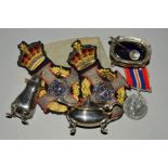 A CONDIMENT SET, MEDAL AND EMBROIDERED MILITARY CHAPLAINCY PANELS, the condiment set by Walker and