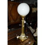 A VICTORIAN BRASS COLUMN TABLE LAMP, with a white globe shade, height 66cm