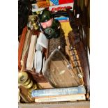 A BOX OF SUNDRY ITEMS, to include African tribal souvenirs, brass candlesticks, wooden stationary