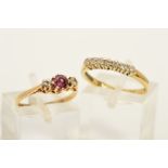 TWO 9CT GOLD GEM SET RINGS, the first a seven stone diamond ring, the line of brilliant cut diamonds