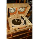 A VINTAGE CASED HIFIVOX RECORD PLAYER with a pair of speakers