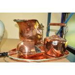 A VICTORIAN COPPER KETTLE, and other copper ware including a scuttle, tray, coal shovel etc (sd)