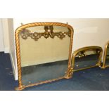 A 19TH CENTURY GILT FRAMED ROPE EDGED OVERMANTEL MIRROR, 109cm x 102cm (losses), together with