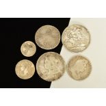 SIX SILVER LATE 17TH TO LATE 19TH CENTURY COINS, to include two William III half crowns for 1701 and