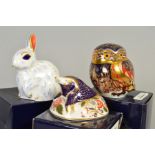 THREE BOXED ROYAL CROWN DERBY PAPERWEIGHTS, 'Little Owl', 'Mole' and 'Snowy Rabbit', all with gold