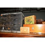 A DISTRESSED STAINED OAK TOOL CHEST OF FOUR DRAWERS, together with eight various jewellery boxes (