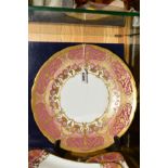 A BOXED ROYAL CROWN DERBY PLATE, A1359 'Heritage' pattern pink and lilac bands with gilt