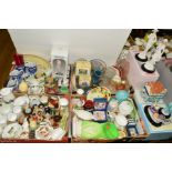 FOUR BOXES OF CERAMICS AND GLASSWARE ETC, including boxed resin Leonardo lady figurines, a set of