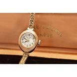 A 1960'S 9CT GOLD FAVRE-LEUBA WRISTWATCH, the white face with Arabic numerals, engine turned