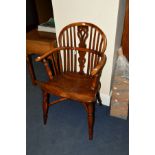 A YEW, ASH AND ELM HOOP BACK WINDSOR CHAIR, the arched back with fret carved splat flanked by turned