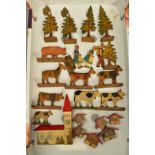 A QUANTITY OF HAND PAINTED DOUBLE SIDED FLAT WOODEN FIGURES AND ANIMALS, Cows, Goats and a Pig,
