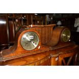 TWO SIMILAR OAK MANTEL CLOCKS and a wicker picnic box (3)