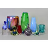A GROUP OF COLOURED GLASSWARE, to include signed Andrew Sanders scent bottle, a signed David Wallace
