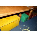 A VINTAGE PRESSED METAL YELLOW PAINTED TWIN HANDLED BOX, together with a vintage painted tool chest,