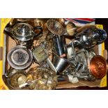 A BOX OF SILVER PLATE, stainless steel, etc, including tea wares