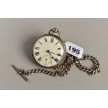 A MID VICTORIAN SILVER OPEN FACE POCKET WATCH AND ALBERT CHAIN, with white face, black Roman