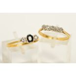 TWO GEM SET DIAMOND RINGS, to include a sapphire and diamond three stone ring, the central oval