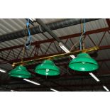 A BRASS THREE BRANCH SNOOKER CEILING LIGHT with green shades