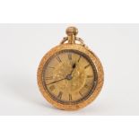 AN EARLY 20TH CENTURY GOLD CASED OPEN FACED LADY'S POCKET WATCH, with central engraved floral and