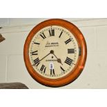AN EARLY 20TH CENTURY CIRCULAR OAK SINGLE FUSEE CLOCK, marked J G Wood, Bournville, Birmingham,