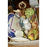 A BOX OF ASSORTED CERAMICS to include a Spode blue and white platter, Royal Doulton 'Bell Heather'
