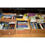 FIVE BOXES OF BOOKS, mostly hardbacks including authors James Patterson, Patricia Cornwell, Dick