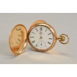 A GOLD PLATED A.W.W CO WALTHAM MASS FULL HUNTER POCKET WATCH, Roman numerals,