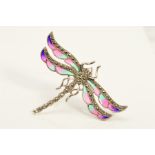 A PLIQUE-A-JOUR AND MARCASITE DRAGONFLY BROOCH/PENDANT, designed with purple, pink and green