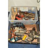 TWO TRAYS OF VARIOUS TOOLS including two drills, sander, heating gun and hand tools (2)