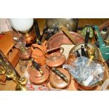 TWO BOXES OF COPPER, BRASS AND SILVER PLATE, etc, including three copper kettles, Metamec wall