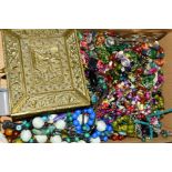 A BOX OF COSTUME JEWELLERY, to include necklaces, brooches, earrings etc, and a hinged decorative