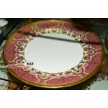 A ROYAL CROWN DERBY ROUND CHOP DISH, A1359 'Heritage' pattern pink and lilac bands with gilt