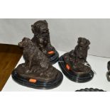 THREE MODERN BRONZE FIGURES OF SEATED DOGS, mounted on black marble bases, signed Barre and Julie