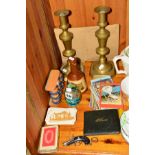 A SMALL GROUP OF SUNDRY ITEMS, to include pair of brass candlesticks, glass paperweight, small