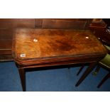 A GEORGIAN MAHOGANY AND INLAID FOLD OVER CARD TABLE, on square tapered legs, width 86cm x depth 42cm