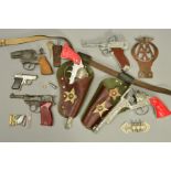 A QUANTITY OF VINTAGE TOY CAP GUNS, to include a pair of Lone Star Night Rider pistols in leather