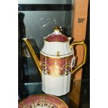 A ROYAL CROWN DERBY COFFEE POT, A1359 'Heritage' pattern pink and lilac bands with gilt detailing,