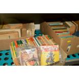 THREE BOXES OF BOOKS to include paperback cowboy books, French books etc