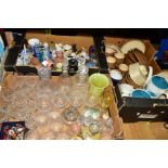 THREE BOXES OF ORNAMENTS, GLASSWARE AND DINNERWARES, including Denby, Tudor drinking glasses, silver