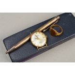 A 9CT GOLD ROTARY WATCH HEAD, A SILVER SHEAFFER PEN AND A SIGNET RING, the Rotary watch head with