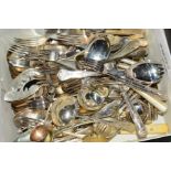 A BOX OF SILVER PLATED FLATWARE, various patterns including King's