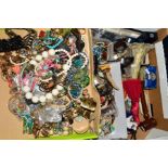 A LARGE BOX OF COSTUME JEWELLERY, to include necklaces, bangles, watches etc