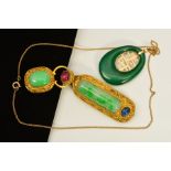 A JADE, SAPPHIRE AND RUBY BROOCH AND A MALACHITE PENDANT, the brooch designed as an elongated jade