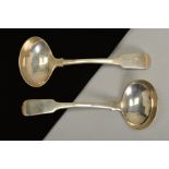 A PAIR OF GEORGE III SILVER SAUCE LADLES, the fiddle pattern ladles with engraved initial C to