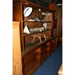 TWO VARIOUS MAHOGANY LONG OPEN BOOKCASES, longest width 228cm and a dresser top (3)