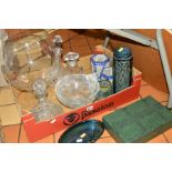 A BOX AND LOOSE CHINA, GLASS, MIRROR ETC, to include cased knives, Royal Brierley oval glass dish,