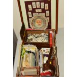 A BOX AND LOOSE SUNDRY ITEMS, to include cigarette cards, postcards, hand-held stereoscope, Typhoo